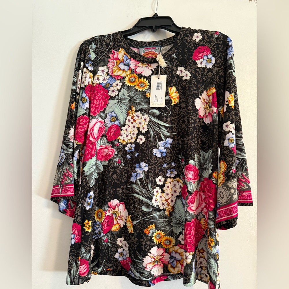 Johnny Was Black Floral Blouse with Pink and Yellow Accents NWT